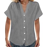 Aniywn Red Shirts for Women Casual Short Sleeve Button Down Linen Shirts Summer Beach Blouses Ladies Fashion V Neck Tops