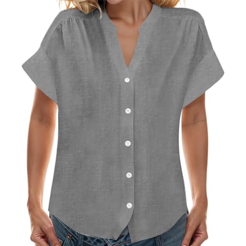 Aniywn Red Shirts for Women Casual Short Sleeve Button Down Linen Shirts Summer Beach Blouses Ladies Fashion V Neck Tops