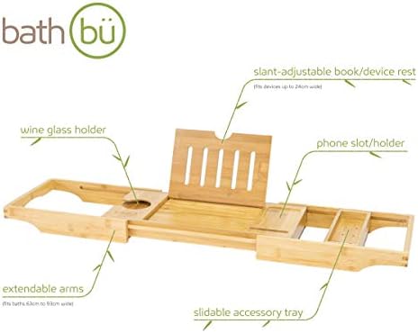 bathbü Premium 100% Bamboo Bath Tray Caddy | Extendable Arms (63-93cm), Book/Tablet Holder, Wine Glass Holder, Accessory Tray, Phone Holder and Sliding Tray | Compact and Fits Most Bath Sizes