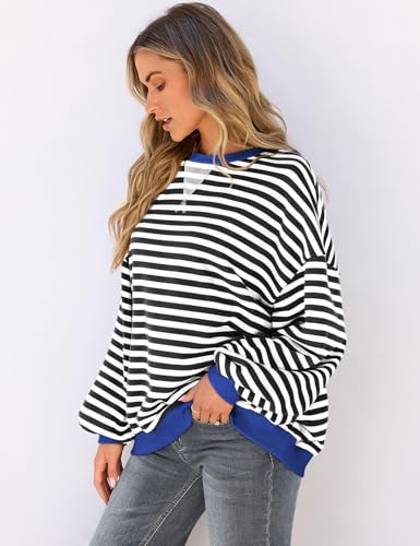 Image of UEU Women Oversized Striped Crewneck Sweatshirt Long Sleeve Color Block Pullover Tops Casual Loose Workout Shirt