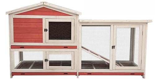 鶏小屋 屋外チキンコープ マルチレベル耐候性鶏舎 巣箱付き55インチ木製家禽 大型鶏舎 家禽ケージ 4-6羽用 2段 小屋用 ウサギ バニーケージ 犬 猫 リス ハムスター (E)