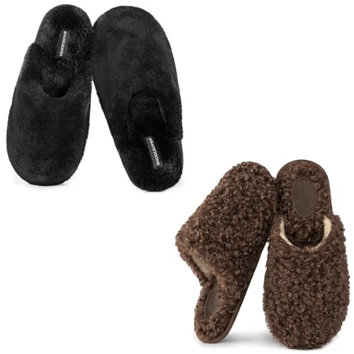Snug Leaves Women’s Slippers of 2 Pairs - Soft Fuzzy Comfy (Size11-12, Black) Women's Scuff Slippers(Size11-12, Mocha)
