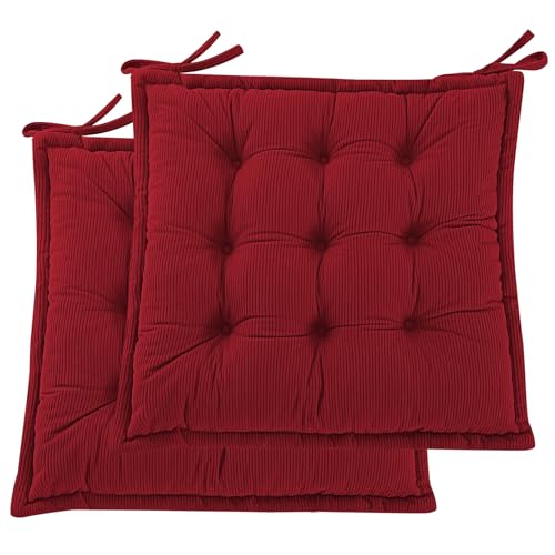 Image of PRIMEPATIO Corduroy Chair Cushions Set of 2, 45x45cm Dining Seat Pads with Ties, 7CM Thick Shredded Foam Seat Pads for Kitchen, Garden Patio Chairs, Soft Tufted Cushion Indoor Outdoor, Red