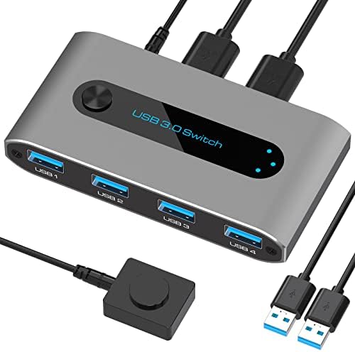 USB 3.0 Switch Selector 2 In 4 Out USB Sharing Switch for 2 Computer Sharing 4 USB Devices USB KVM Switcher Box for Mouse Keyboard Scanner Printer with 2 Pcs USB 3.0 A-A cable.