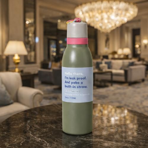 Image of LHOTSE Water Bottle for Office Use - Leak Proof Stainless Steel Bottle with Built-In Straw, 24oz (720ml), BPA Free, Easy Carry Loop, Durable for Daily Hydration (Avacado, 720 ML)