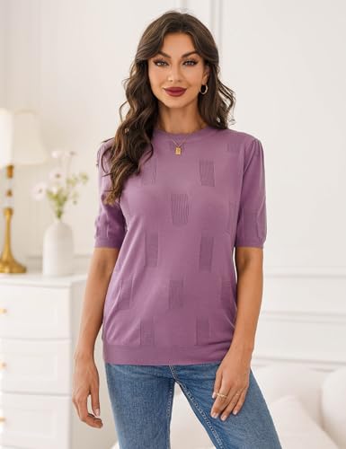 Totatuit Jerséis para Mujer Cuello Redondo Manga Corta Punto Jersey Mujer Sólido Suéter Elegante Blusa Stretchy Casual Camiseta PúRpura L