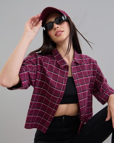 Image of Chimpaaanzee Women Checks Half Sleeve Crop Shirt