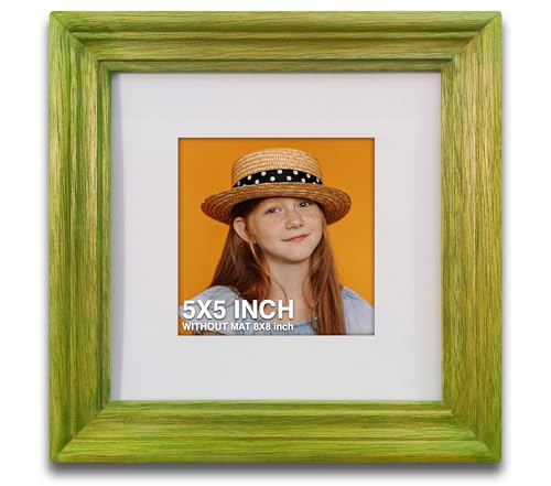 Image of 5 x 5 inch Wooden Photo Frame with Mat, Green Photo Frame 5 x 5 inch with Mat or 8 x 8 inch without Mat for Wall Decoration, Best Wooden Photo Frame for Posters and Photos