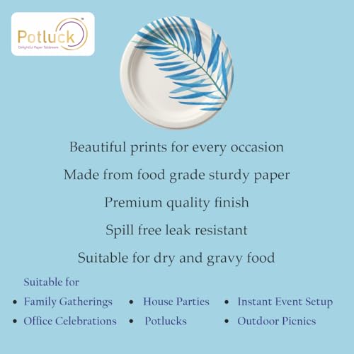 Image of Potluck Blue Leaf Disposable Paper Plates | Pack of 10 Plates | 9 Inch Food Safe, Sturdy, Leak Free Plates for Parties, Events, Birthdays, Festive Celebrations |Snacks & Meal Serving Pack