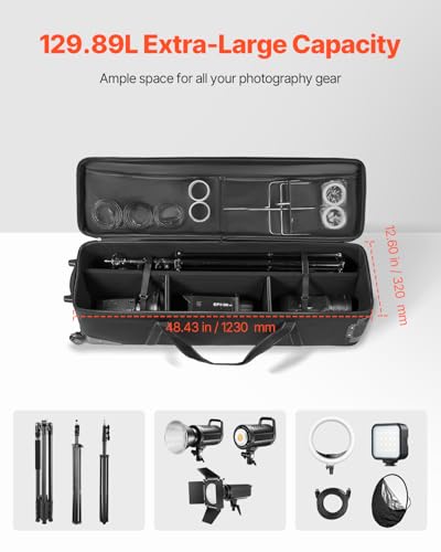 Image of VEVOR Studio Equipment Trolley Case, 51.57 x 14.37 x 14.96 in / 131 x 36.5 x 38 cm, Rolling Camera Bag, Carrying Bag with Wheels Straps Padded Compartment Handle, for Light Stands, Tripods, Telescopes