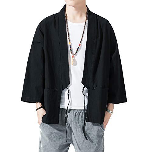 Image of PRIJOUHE Men's Kimono Jackets Cardigan Lightweight Casual Cotton Blends Linen Seven Sleeves Open Front Coat Outwear