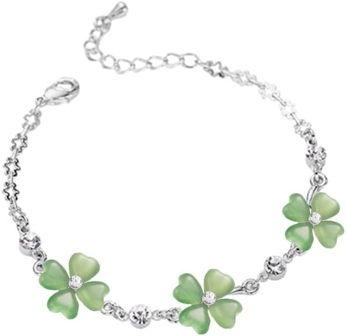 Dainty Four Leaf Clover Bracelet for Women Lucky Link Shamrock Bracelets Cute Cat Eye Crystal Student Best Friend Christmas Birthday Gifts St.Patrick’s Day Holiday Accessories Jewelry