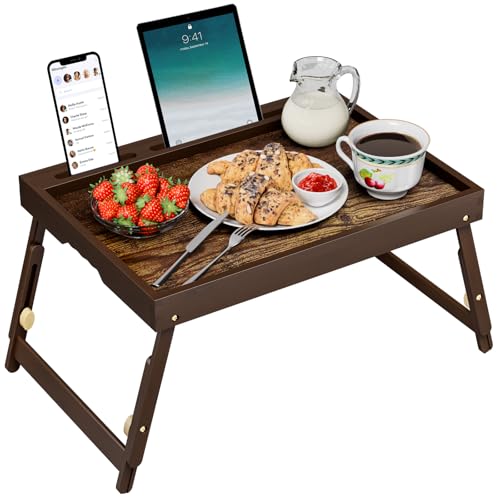 Image of Adjustable Bamboo Bed Tray Table with Device Stand, Large | Adjustable FSC-certified bamboo bed tray with telescopic legs and removable device stand for meals, laptops and reading.