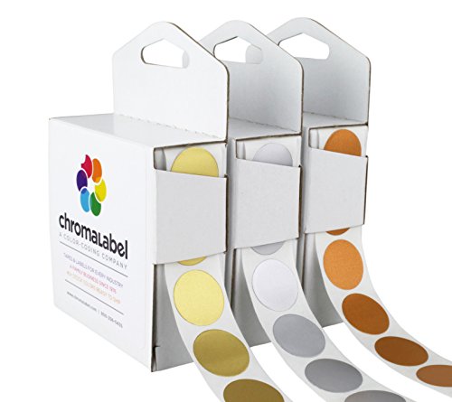 ChromaLabel 0.75 inch Metallic Color Code Dot Stickers, Assorted Gold, Silver, Bronze, 1000 Circle Labels per Dispenser Box