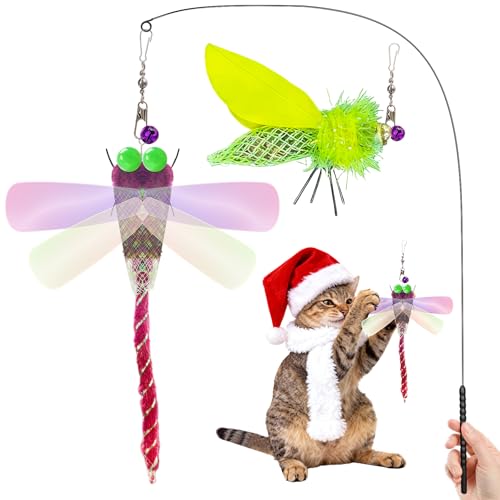 Walfront Cat Toy Wands - Dragonfly & Grasshopper Pendants Set