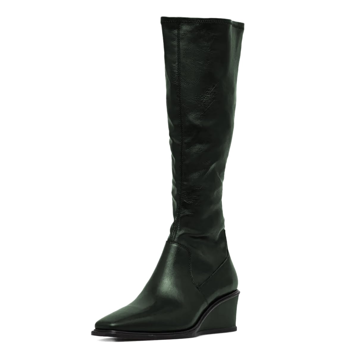 YDN Womens Chic Square Toe Knee High Boots Mid High Wedge Heels Side Zipper Dressy Casual Daily Office