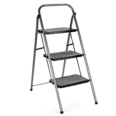 Delxo Step Ladder 3 Step Folding Step Stool with Anti-Slip Wide Pedal,Hold Up to 330lb Sturdy Steel 3 Step Stool,Lightweight Folding Step Ladder for Adults Grey