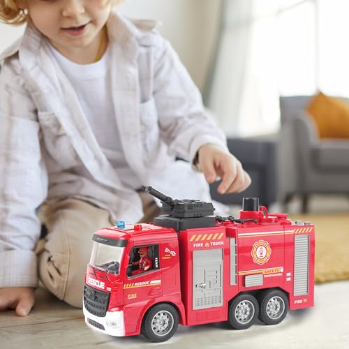 ANTSIR Remote Control Fire Truck Toy Set for Boys, RC Engineering Construction Vehicle with Rescue Ladder Alarm Lights, Hose, Working Water Pump Christmas Birthday Gift for Kids