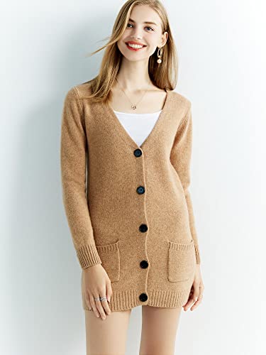 Liny Xin Women's Long Cardigan Sweater V-Neck 100% Merino Wool Fall Winter Warm Soft Knitted Cardigan Coat (Khaki,M) #TOP3