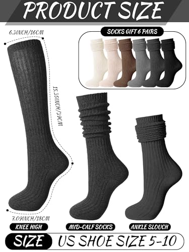 Image of Fourluoo 6 Pack Women Slouch Socks Cotton Knit Scrunch Stacked Knee High Boot Socks for Women