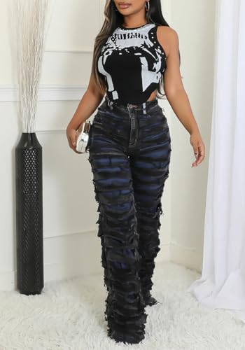 Women's Baggy Ripped Jeans High Waisted Straight Leg Distressed Cut Out Stacked Tassels Stretch Denim Pants3
