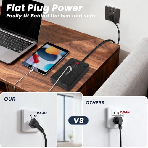 Protector eléctrico DUKVI con 10 tomas espaciadas y 6 puertos USB (2 USB-C), cable de extensión plano de 3 metros, montaje en pared miniatura 2