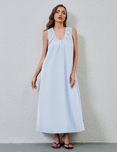 Image of MISSACTIVER Women's Sleeveless Maxi Dress Scoop Neck Ruched Long Dress with Side Pockets Wide Shoulder Elegant Blouse Dresses