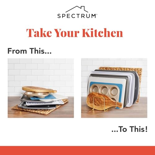 Image of Spectrum Euro Kitchen Organizer Cutting Board Holder Stand for Countertop or Inside Kitchen Cabinet Organization Gold, 8 Slot Cutting Board Drying Rack or Cabinet Plate Bakeware Storage Organizer