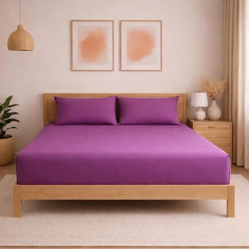 Image of THE HOME STYLE Solid Plain Cotton Feel Fitted Bedsheet (72x78 inches) with Reversible Comforter (90x100 inches) | King Size | 2 Pillow Covers | 300 TC | 4-Piece Bedding Set (Plum)