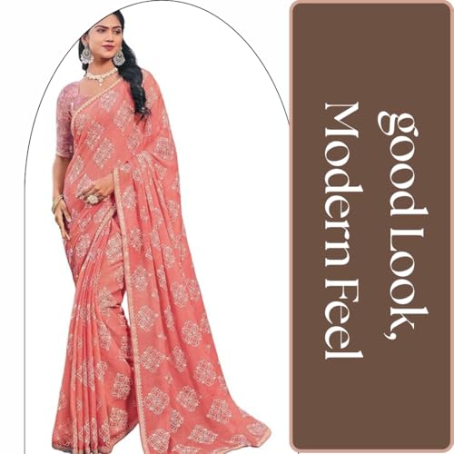 Image of Laxmipati Sarees Women's Floral Printed Chiffon Saree in Peach Color with unstitched Blouse Material - Suitable For All Indian Occasions and Festivals