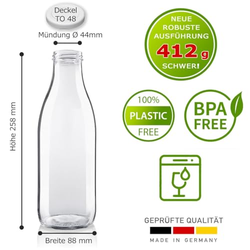 Foto von Geniess-Bar! 4 Milchflaschen 1L mit Deckel & Ersatzdeckel 1 Liter Glasflaschen erhältlich mit 2/4/6/9/12/15 Saftflaschen 1000ml Flaschen Weithalsflaschen leer mit Schraubdeckel Vorratsglas