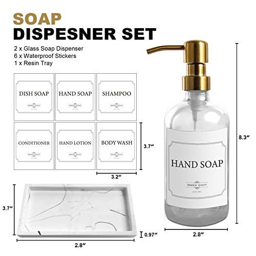 Lava Odoro Glass Soap Dispenser With Pump And Tray, Vintage Bathroom And Kitchen Soap Dispenser Set With Waterproof Hand Soap, Dish Soap, Lotion Labels, Clear Bottle With Gold Pump, Set Of 2 #TOP5