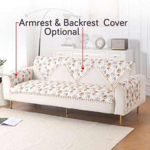 Image of HOKIPO Wildflower Breeze Quilted Sofa Cover 5 Seater Set with Tassels - Washable 3+2 Sofa Cover Mat |'Tassel Twigs' Series (IN-985-T7 + IN-983-T7)