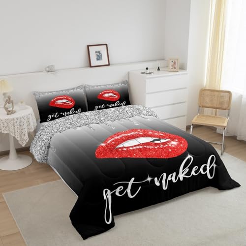 Image of Feelyou Black Bedding Set King, Get Naked Lips Comforter Set Lips Comforter for Kids Toddler Ombre Black and Red Duvet Set with 2 Pillow Case