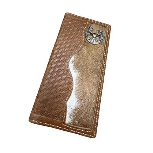 Men’s Long Leather Wallet – Hand Tooled Brown Cowhide Rodeo Bifold with Horseshoe Longhorn Concho – Western Checkbook Wallet for Cowboys & Ranchers