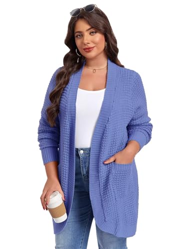 Image of LARACE Long Cardigans for Women Plus Size Tops Open Front Sweaters with Pockets Waffle Ribbed Sleeve Loose Fall Outwear