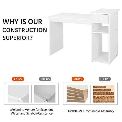 Topeakmart Small White Computer Desk With Drawers And Printer Shelves, Wood Study Writing Table Compact Pc Laptop Workstation For Small Space Home Office #TOP5
