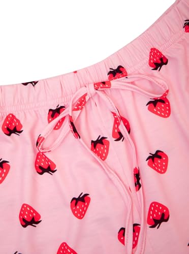 Image of Avanova Women Strawberry Graphic 2 Piece Pajama Shorts Set Cute Ruffle Cami Sleepwear Strawberry Pink Medium