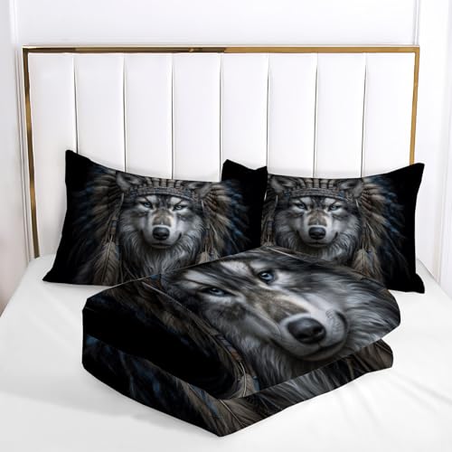 Housse de couette 220x240 loup imprimé plumes avec fermeture éclair invisible - 8