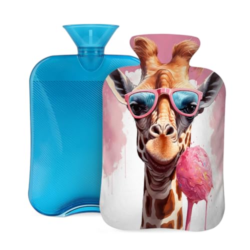 Mexpekil Hot Water Bottle with Soft Flannel Cover 2L Large Hot Water Bag for Pain Relief, Warm Hands, Feet & Body Ideal Gifts for Adults Kids (Giraffe Rose)