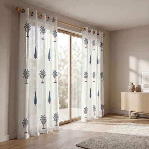 Image of LINENWALAS Decorative Cotton Linen Sheer Curtains 5 Feet for Window -Block Printed Door Curtain | Grommet Hanging Style Pack of 2 Panels |Light Filtering Sheer Drapes (Coastal Palms)