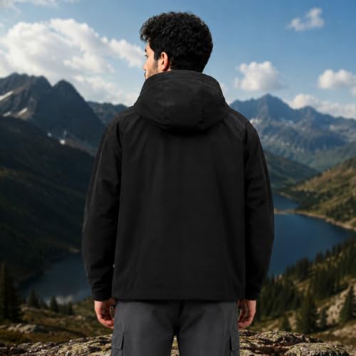 Image of Venzina Jacket for Men Winter with Hood Windproof Outdoor Shell | Features Lightweight Breathable Polyester Fabric for Hiking Cycling Travel and Daily Wear