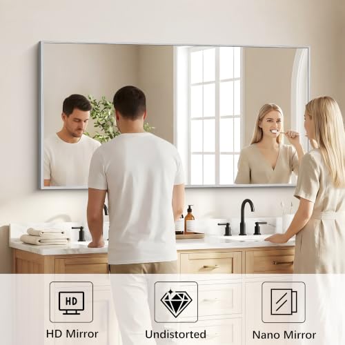 Image of DESBING 30 inch x 55 inch Bathroom Mirror, Silver Metal Frame Wall Mirror
