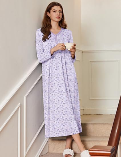 Ekouaer Women's Long Sleeve Nightgown Full Length Sleepwear Long Sleepshirts Henley Sleep Dress S-4XL - Image 3