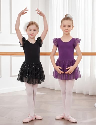 Image of Arshiner Girls Shiny Ruffle Sleeve Ballet Leotard with Skirt Criss-Cross Back Dance Dresses