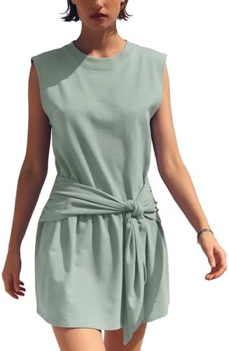 Zhiyouni Women's Athletic Mini Dress Workout Sleeveless Knotted Tennis Sundress T Shirt(PeaGreen-XS)