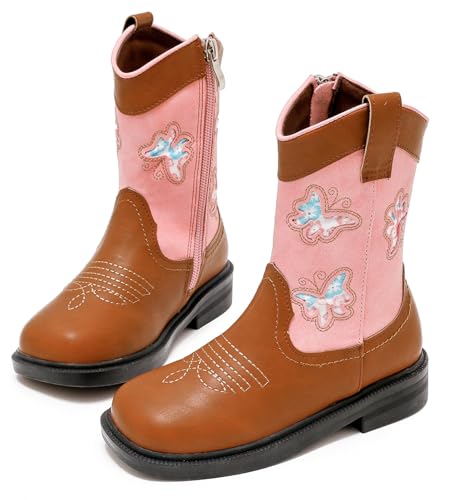 DADAWEN Toddler Girls Cowgirl Boots Mid Calf Square Toe Kids Cowboy Boot Glitter Butterfly Embroidered Side Zipper Western Boots Riding Shoes Brown/Pink US Size 6.5 M Toddler