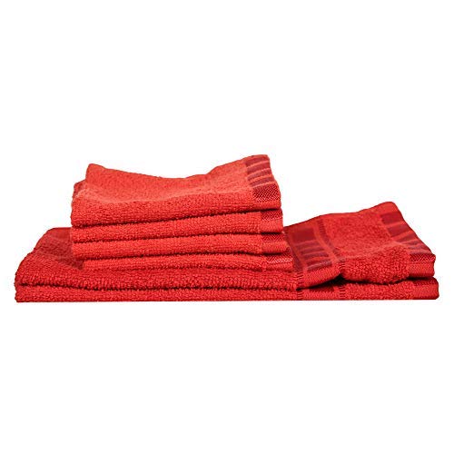 Set rouge et multicolore de 6 serviettes de bain et coton main absorbants