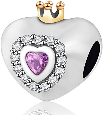 Princess Crown Regal Heart Charms, 925 Sterling Silver Sparkling Pink and Clear CZ Crystal Love Beads Fit Pandora Valentines Day Bracelet, Gift for Christmas/Wife/Girlfriend/Mom