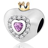 Princess Crown Regal Heart Charms, 925 Sterling Silver Sparkling Pink and Clear CZ Crystal Love Bead
